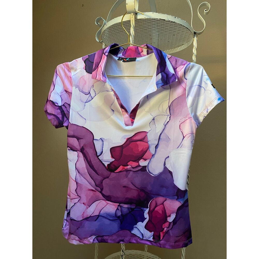 Yatta Golf Shirt Golf Polo Abstract Purple White Short Sleeve V Neck Collar S